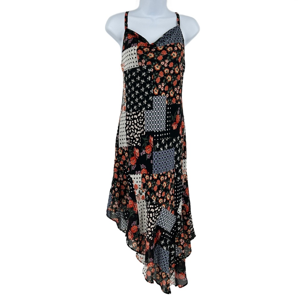 Asymetric Patchwork Slip Dress Womens L Boho Cottage Sheer Lined Bias Cowl Neck